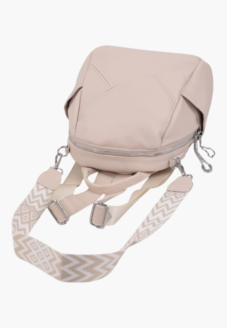 Falio small beige faux leather city backpack with patterned adjustable straps and silver hardware