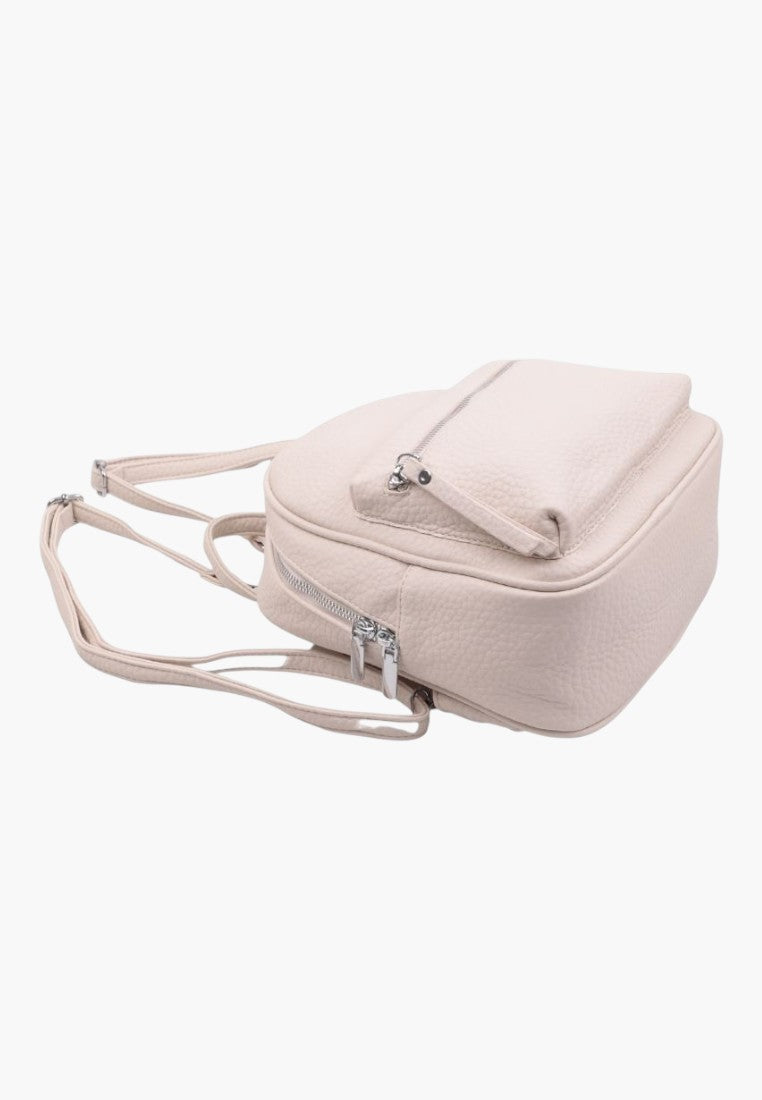 Falio small beige faux leather city backpack with zippered pockets and adjustable straps