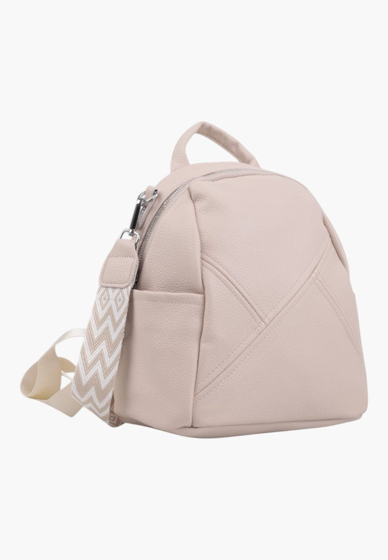 Falio beige faux leather urban mini backpack with a patterned chevron strap and zippered main compartment