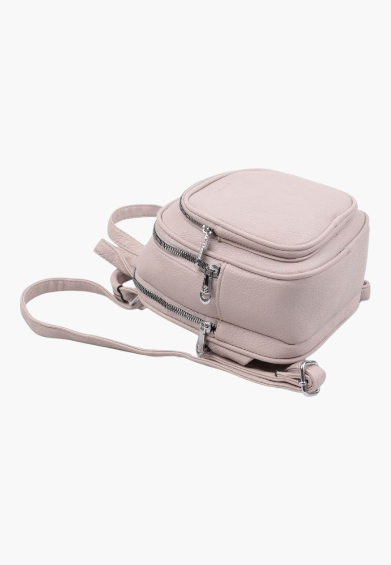 Falio beige faux leather urban mini backpack with two zippered compartments and adjustable straps