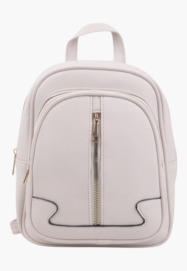 Falio beige faux leather small backpack with a vertical front zipper pocket and top handle for daily use