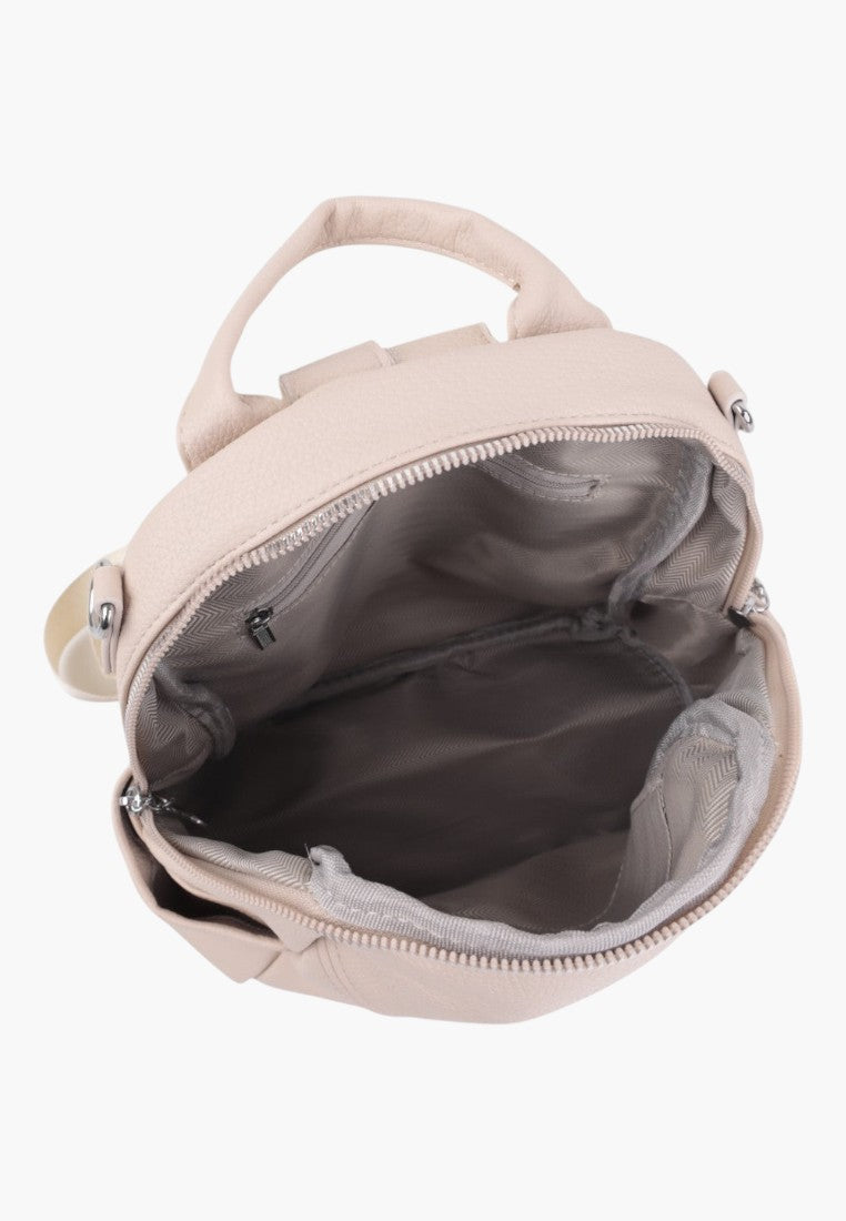 Falio beige faux leather small urban backpack with open zippered main compartment and fabric lining