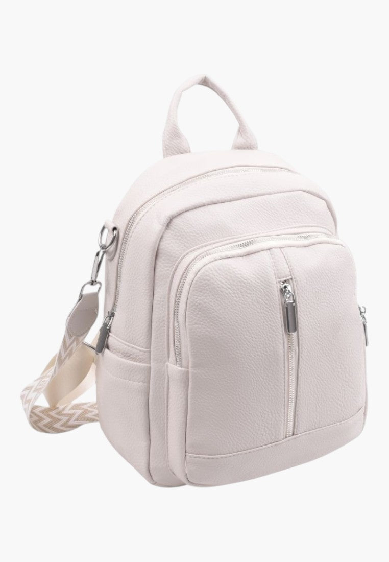 Falio beige faux leather urban backpack with multiple zippered pockets and a patterned shoulder strap