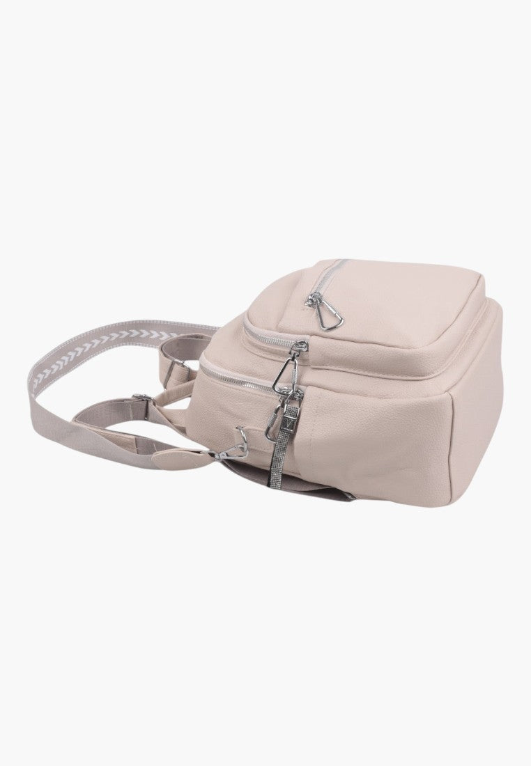 Falio beige faux leather urban backpack with multiple zippered pockets and patterned shoulder straps