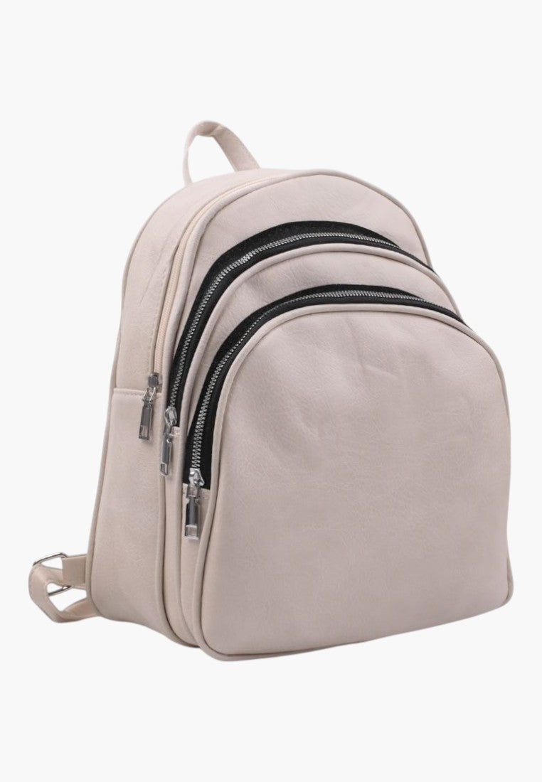 Falio beige faux leather urban backpack with multiple zippered compartments and a spacious A4-compatible design.
