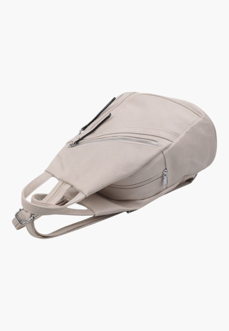 Falio beige faux leather urban backpack with multiple zippered pockets and a compact design for daily use