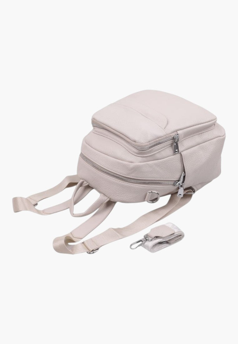 Falio beige faux leather urban backpack with multiple zippered compartments and adjustable straps