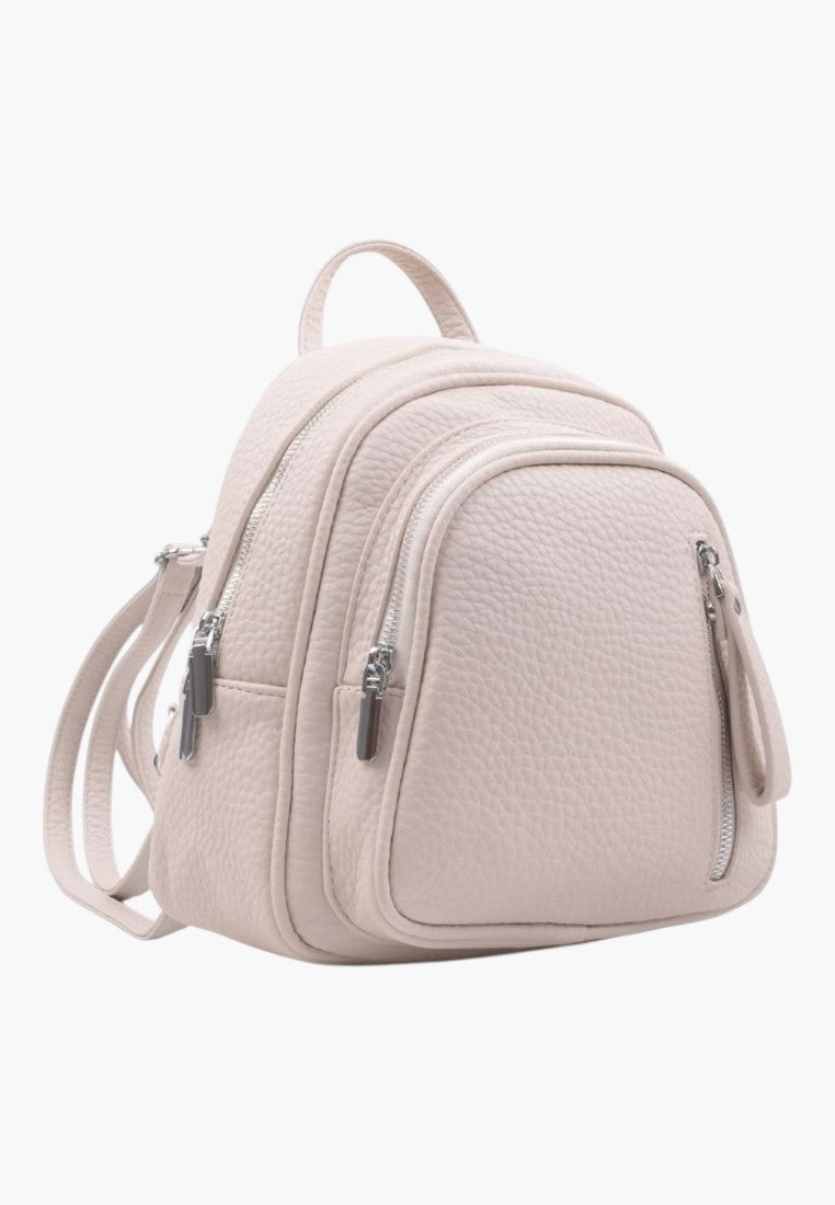 Falio small beige faux leather urban backpack with multiple zippered pockets and a main compartment