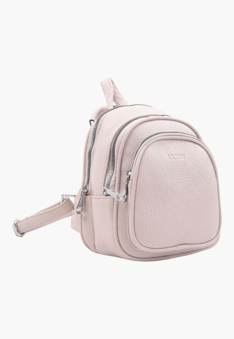 Falio beige faux leather urban backpack with two zippered compartments and silver hardware for women