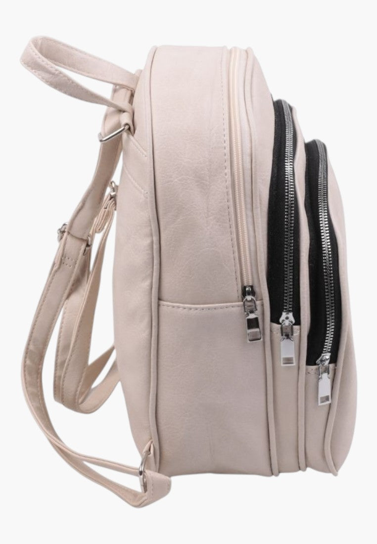 Falio beige faux leather urban backpack with multiple zippered compartments and adjustable straps, side view