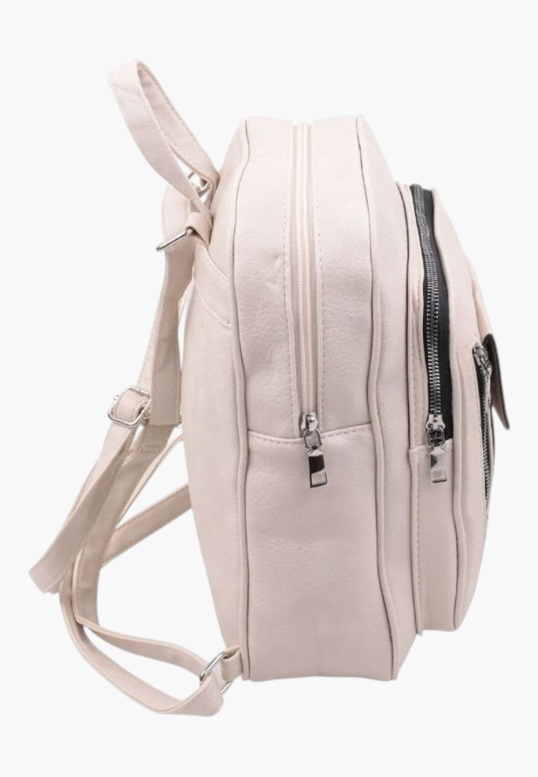 Falio beige faux leather urban backpack with side view showing zippered compartments and adjustable straps