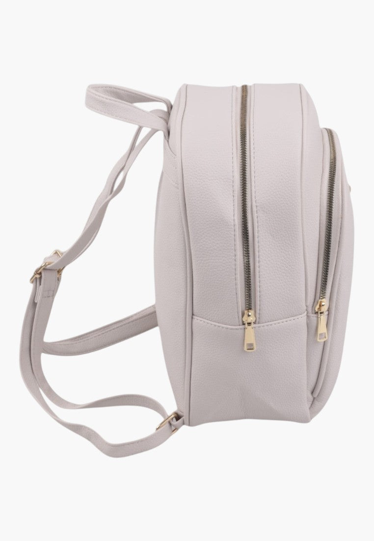 Falio beige faux leather urban backpack with side view showing dual zipper compartments and adjustable straps
