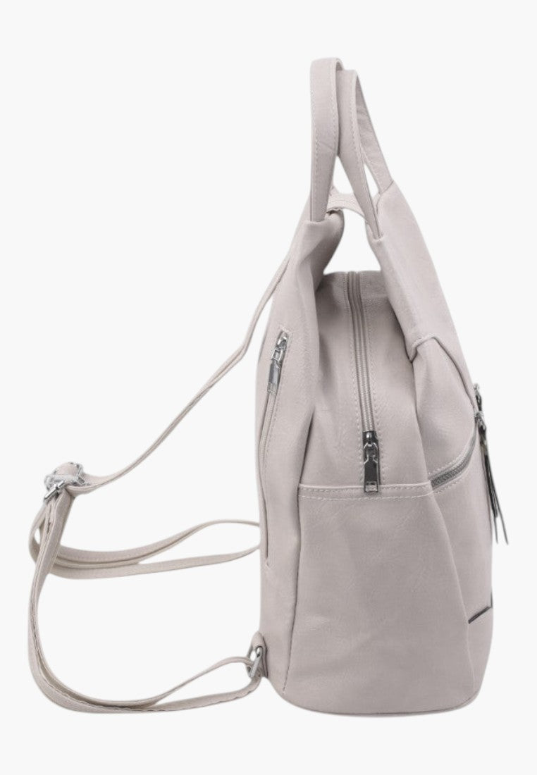 Falio beige faux leather urban backpack with side view showing zippered compartments and adjustable straps