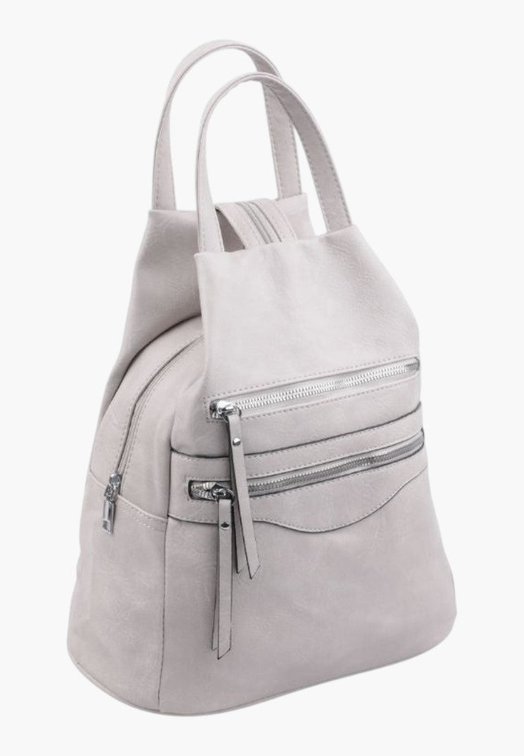 Falio beige faux leather urban backpack with multiple zippered pockets and top handles for versatile carrying.