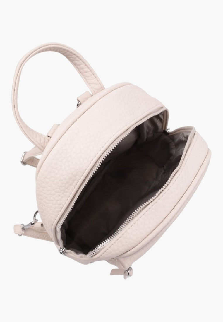 Falio small beige faux leather urban backpack with open zippered main compartment and top handle