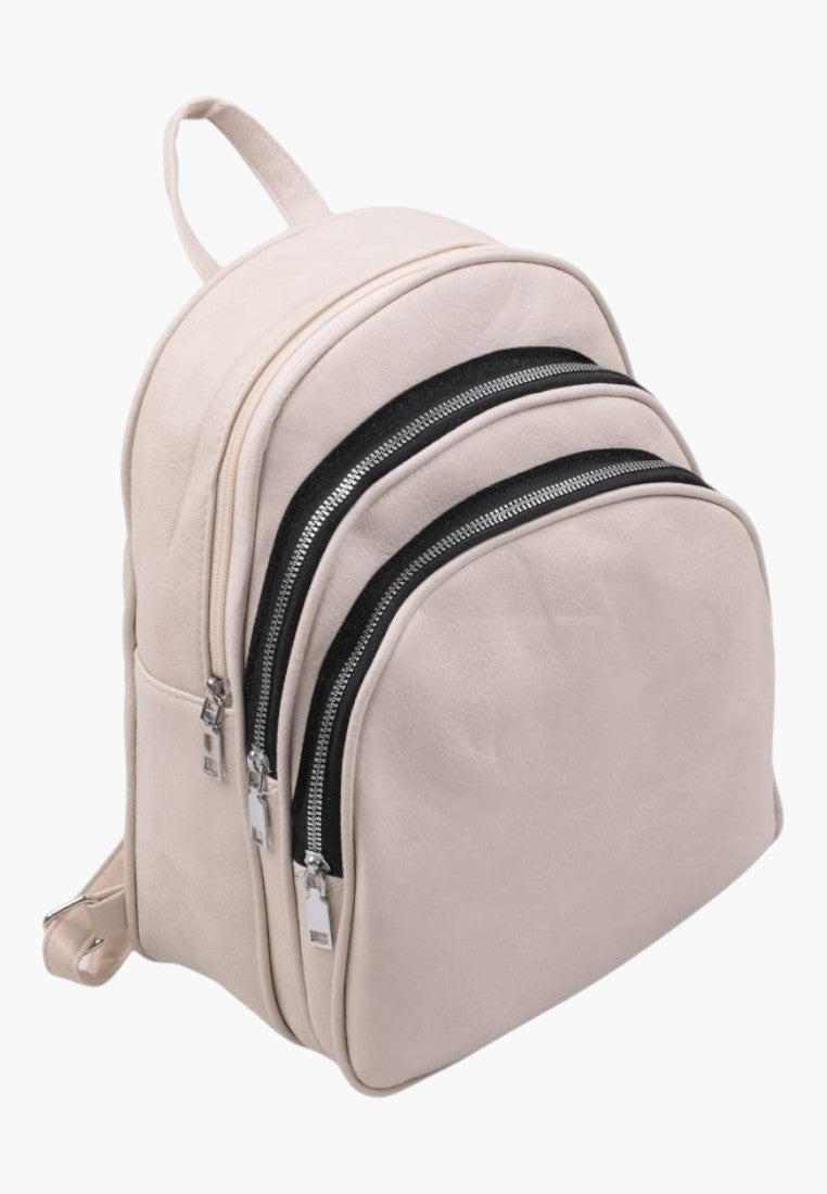 Falio beige faux leather urban backpack with multiple zippered compartments and a spacious 10L capacity