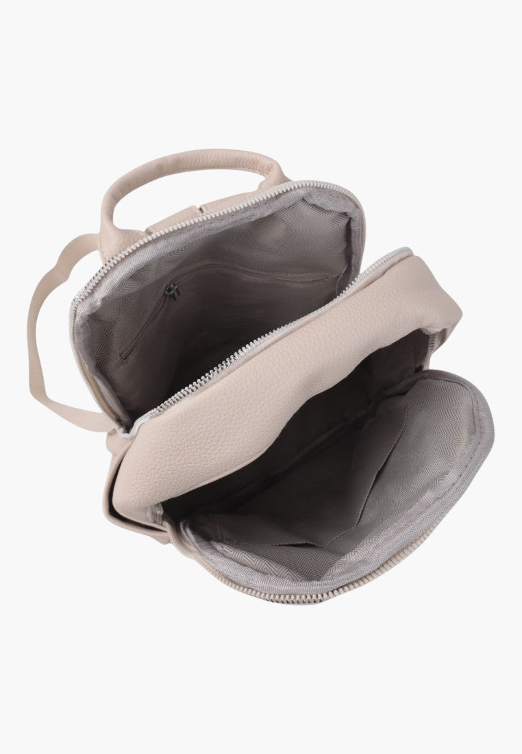 Falio beige faux leather urban backpack with an open zippered main compartment and interior pockets