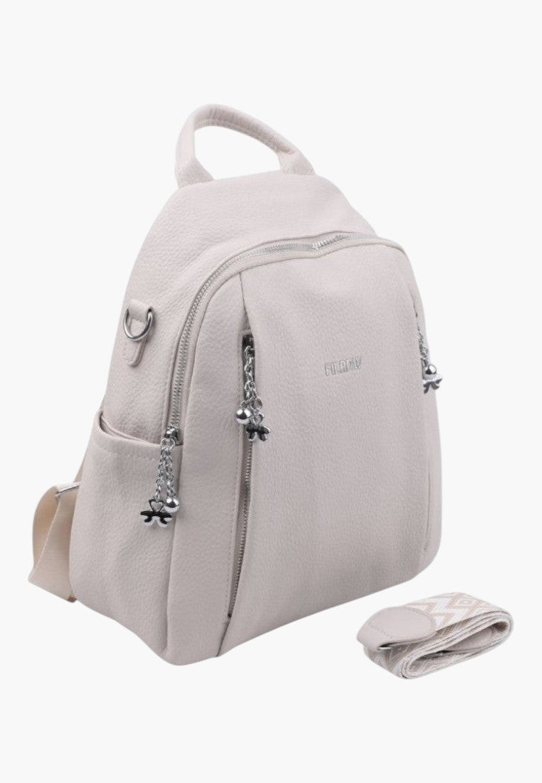 Falio beige faux leather urban backpack with multiple zippered pockets and a detachable patterned shoulder strap