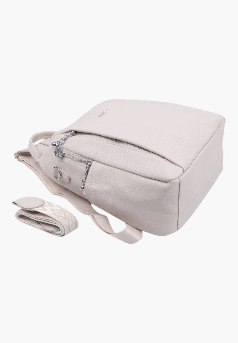 Falio urban women's backpack in beige faux leather with a zippered front pocket and patterned strap