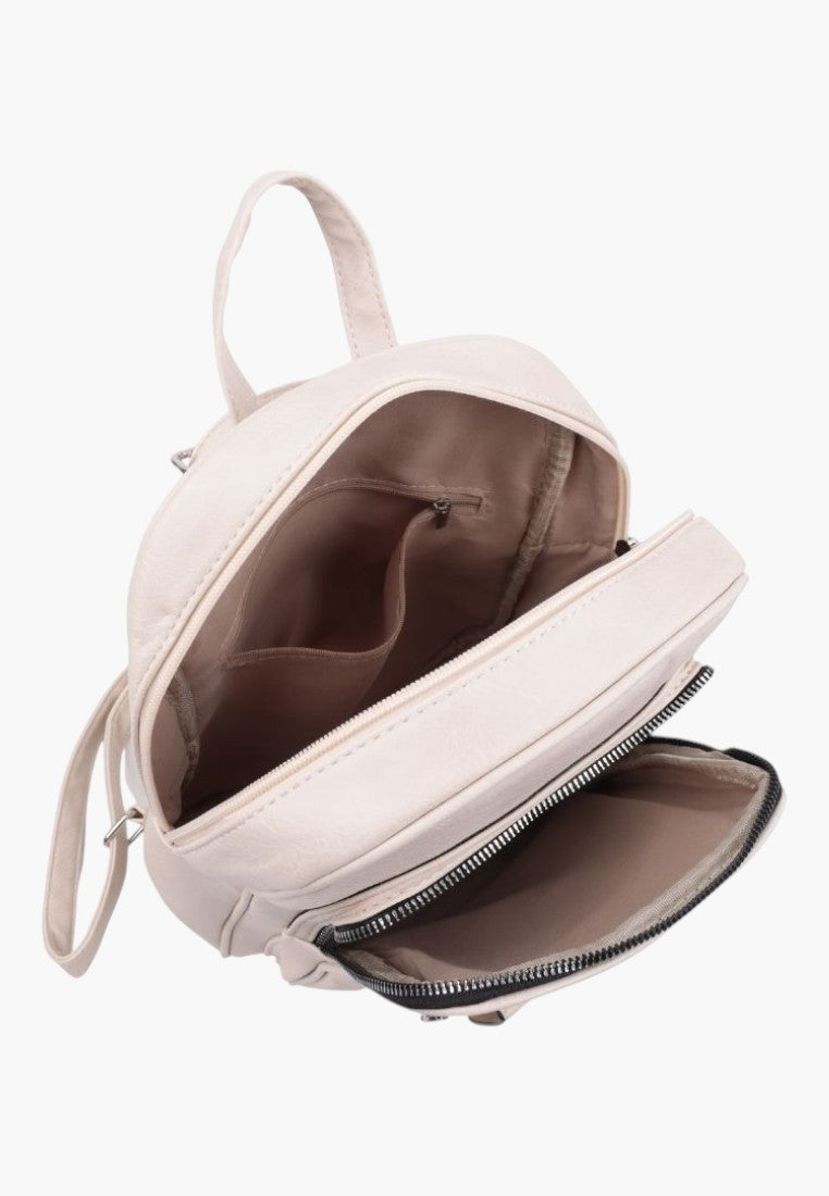 Falio beige faux leather urban backpack with open zippered compartments and interior pockets
