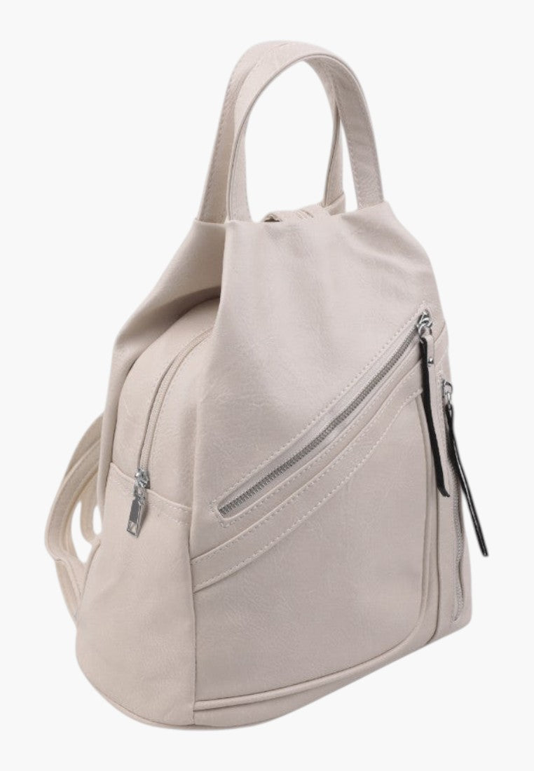 Falio beige faux leather urban backpack with multiple zippered pockets and a top handle for daily use.