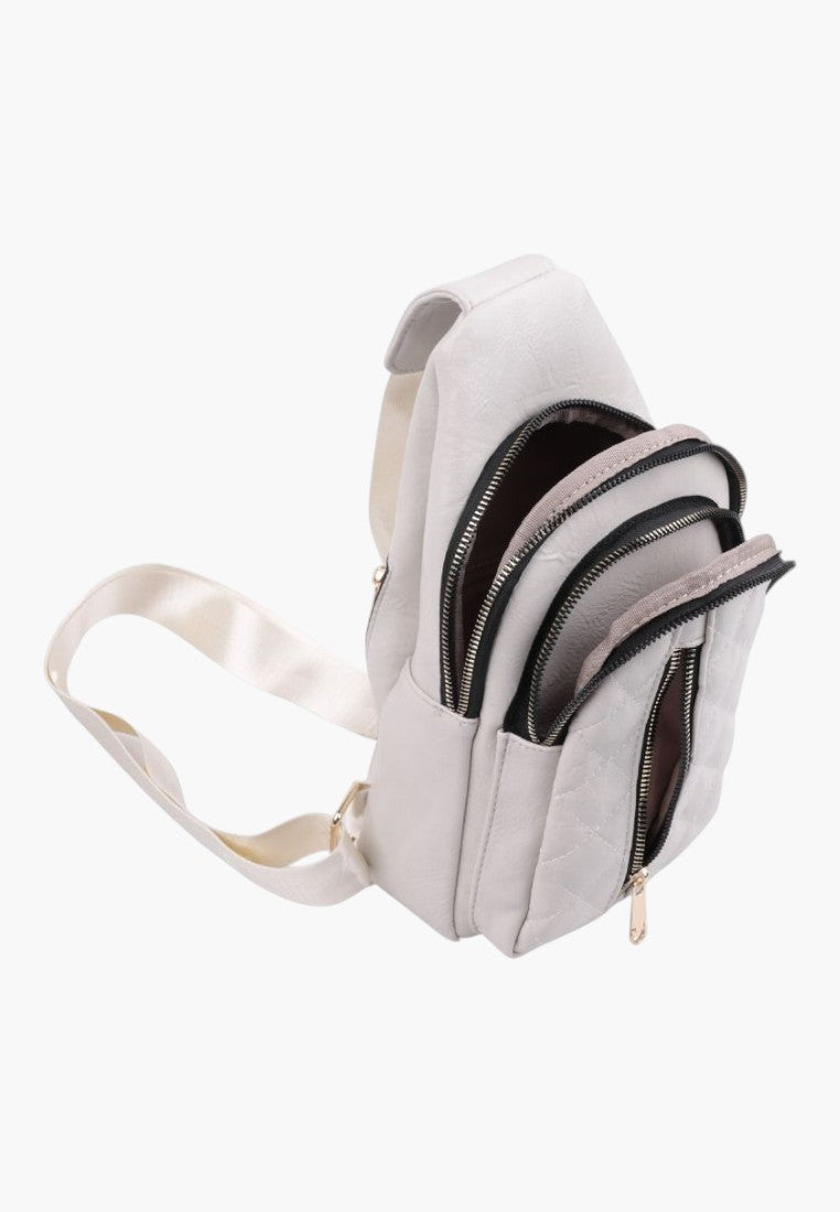 Falio beige faux leather urban backpack with multiple zippered compartments and quilted side detail
