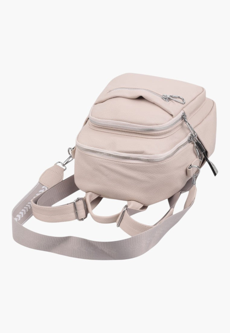 Falio beige faux leather urban backpack with multiple zippered pockets and adjustable patterned shoulder straps