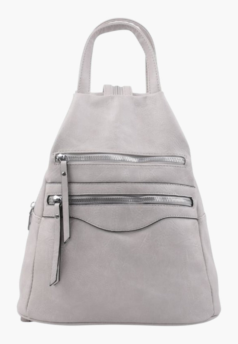 Falio beige faux leather urban backpack with multiple zippered pockets and top handle for daily use