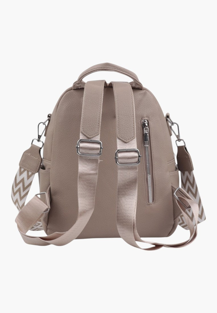 Falio beige faux leather urban backpack with adjustable patterned straps and a secure back zipper pocket