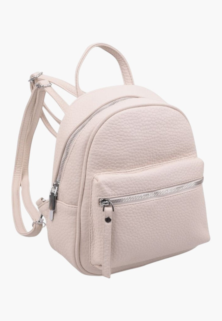 Falio small beige faux leather urban backpack with a zippered front pocket and adjustable straps