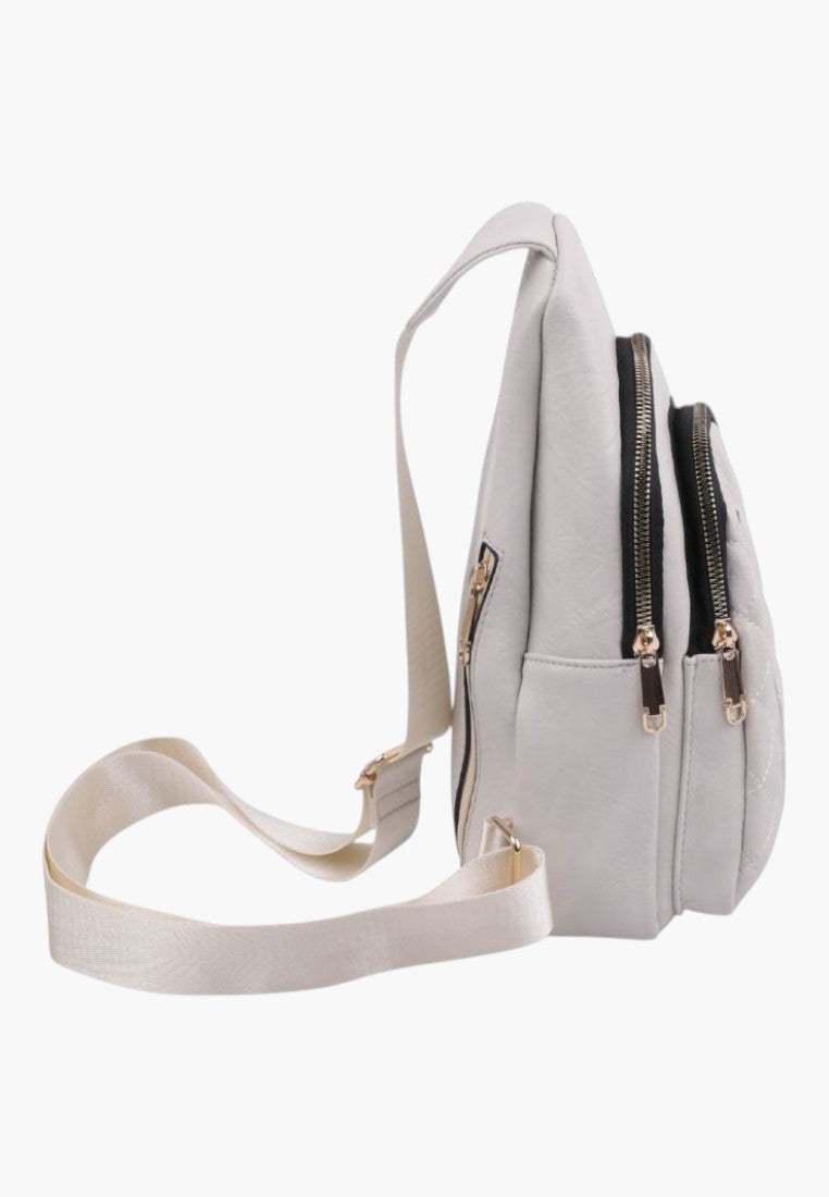 Falio beige faux leather urban backpack with side view showing multiple zippered compartments and adjustable strap