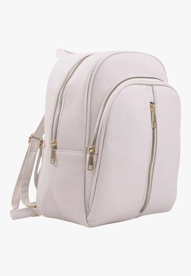 Falio beige faux leather urban backpack with multiple zippered compartments and gold hardware
