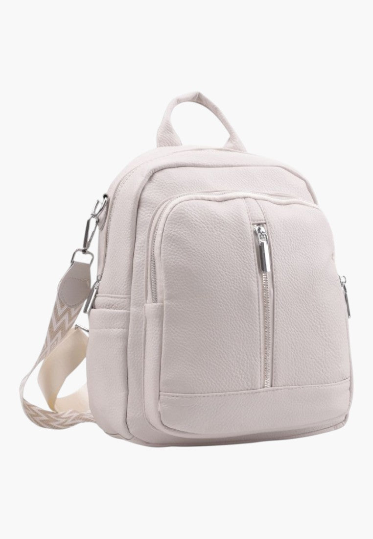 Falio beige faux leather urban backpack with a patterned strap, multiple zippered pockets, and A4 capacity.