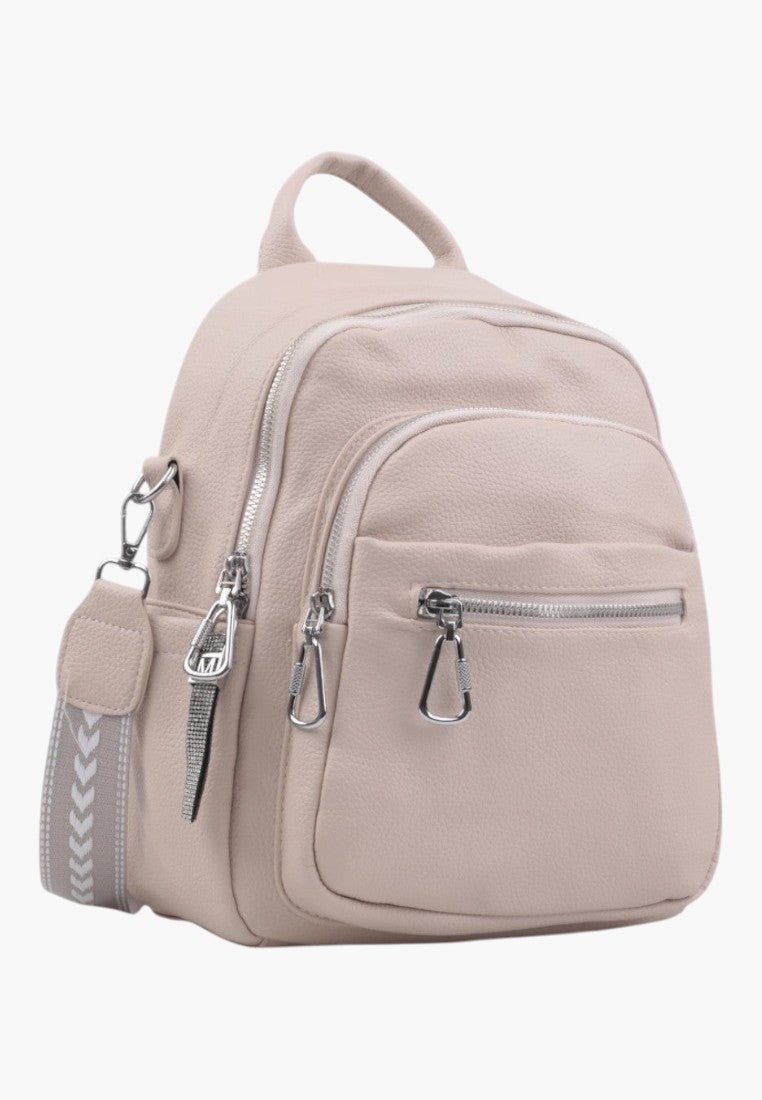Falio beige faux leather urban backpack with silver zippers and a patterned shoulder strap