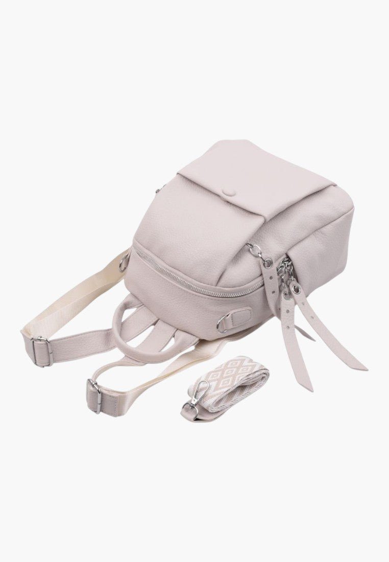 Falio beige faux leather small urban backpack with multiple pockets and an additional patterned strap