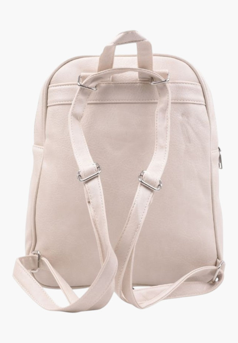 Falio beige faux leather urban backpack with adjustable straps and zip closure, back view