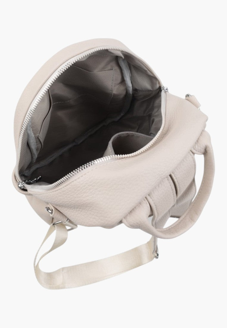 Falio beige faux leather urban backpack with open interior showing multiple pockets and spacious 10L capacity