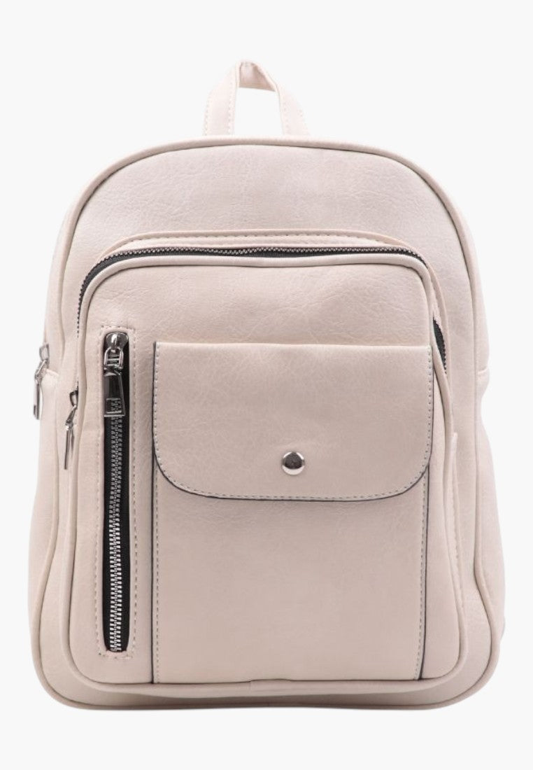 Falio beige faux leather urban backpack with multiple zippered pockets and A4 capacity for daily use