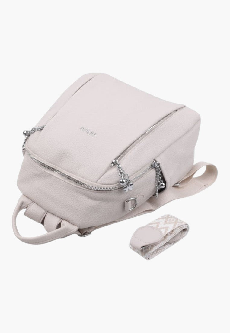 Falio urban women's backpack in beige faux leather with silver zippers and a patterned detachable strap