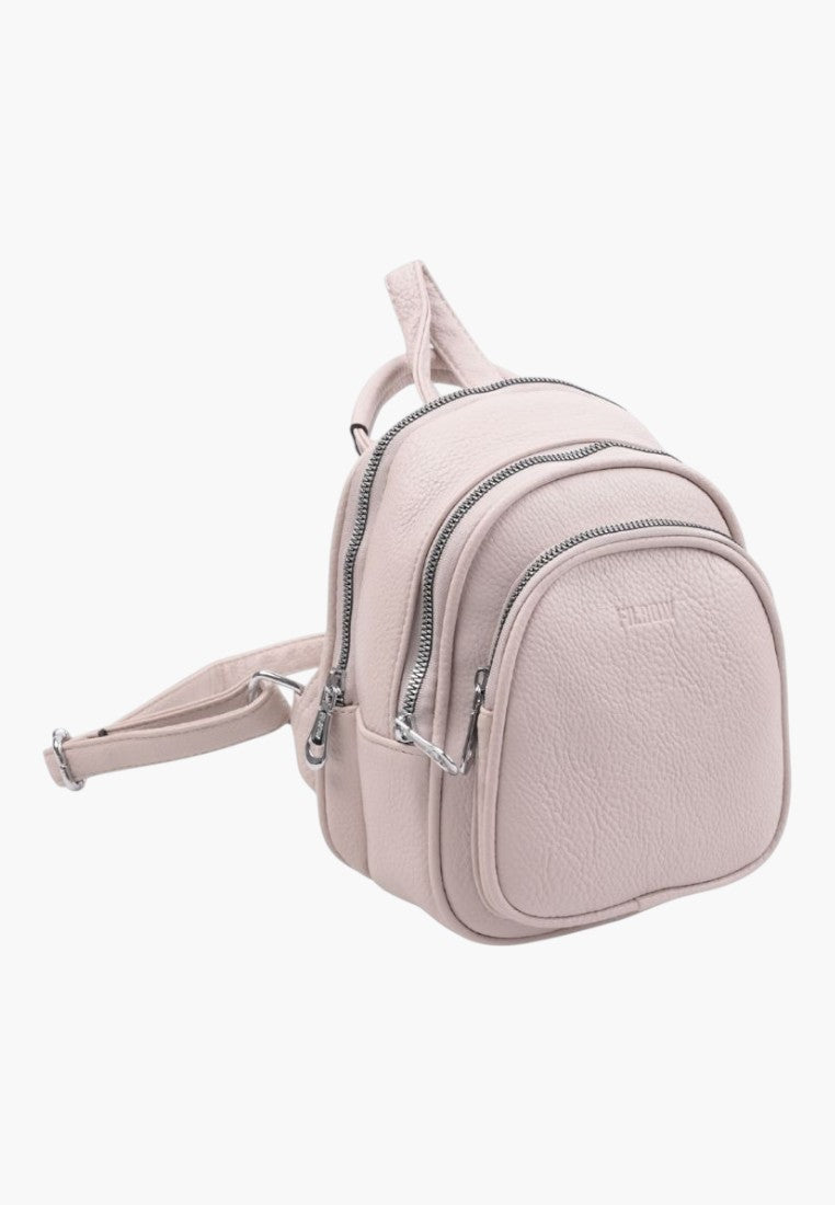 Falio beige faux leather urban backpack with two zippered compartments and silver hardware for women