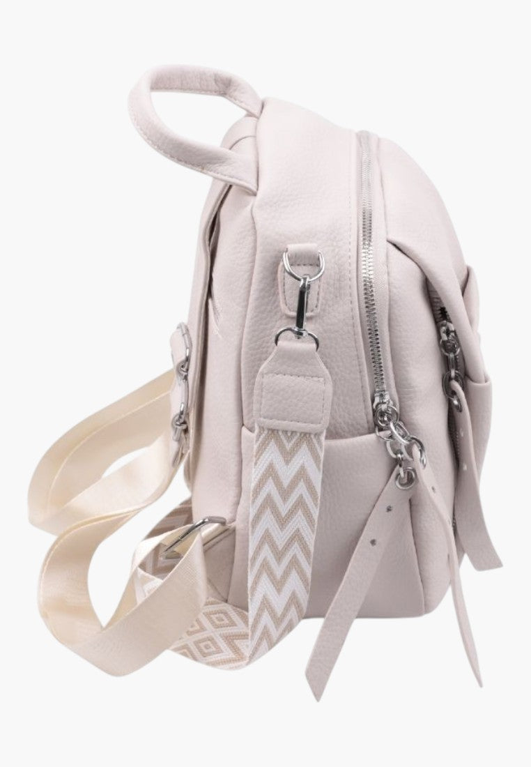 Falio beige faux leather urban backpack with patterned straps and multiple zippered compartments, side view
