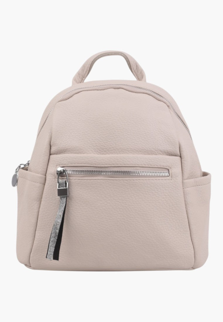 Falio compact urban women's backpack in beige faux leather with a front zipper pocket and silver hardware