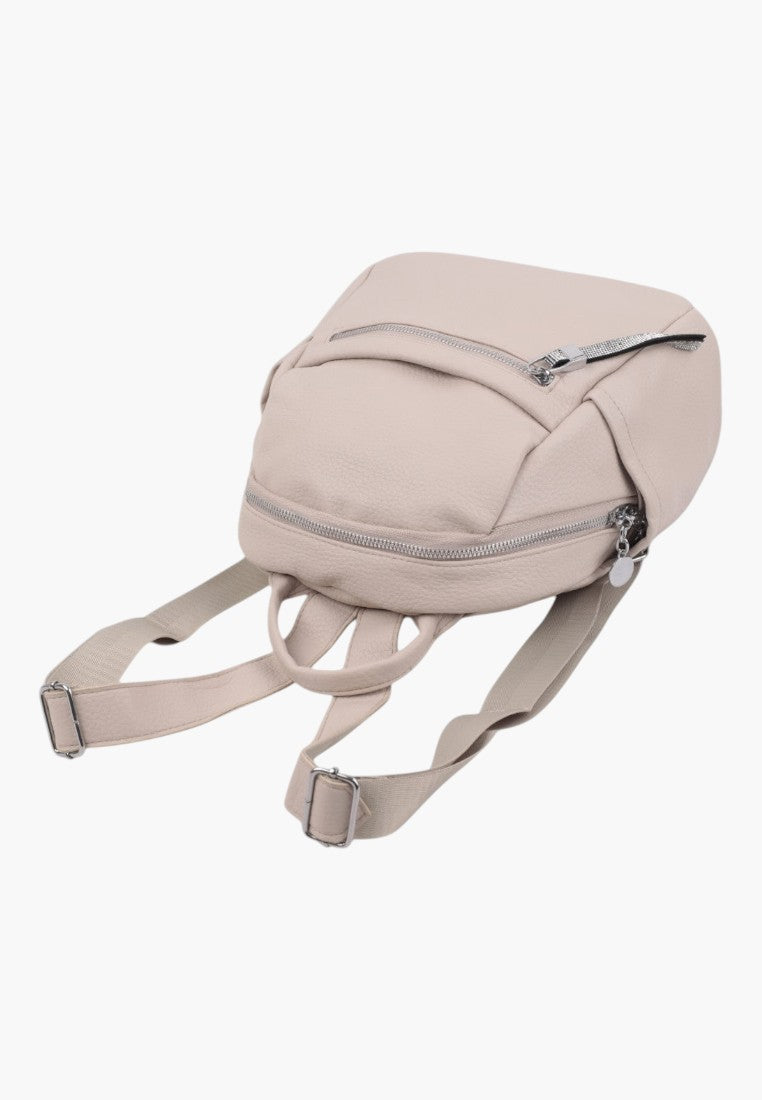 Falio beige faux leather urban backpack with multiple zippered compartments and adjustable straps