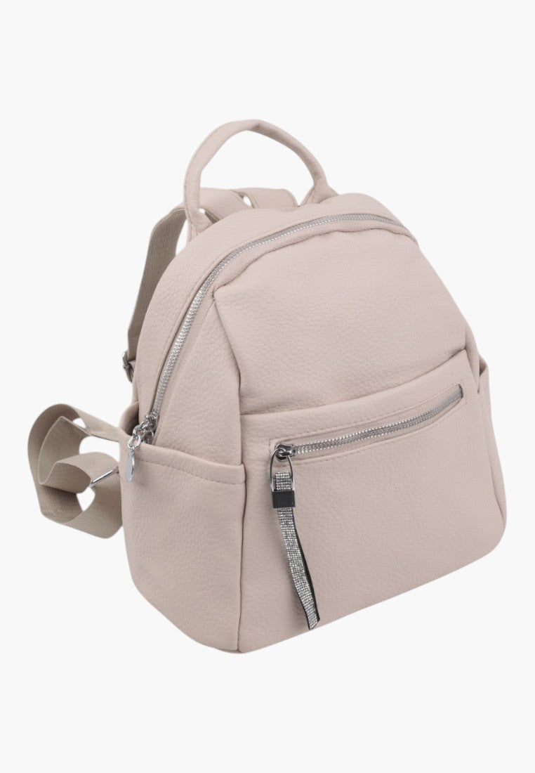 Falio compact urban women's backpack in beige faux leather with silver zippers and decorative pull tabs