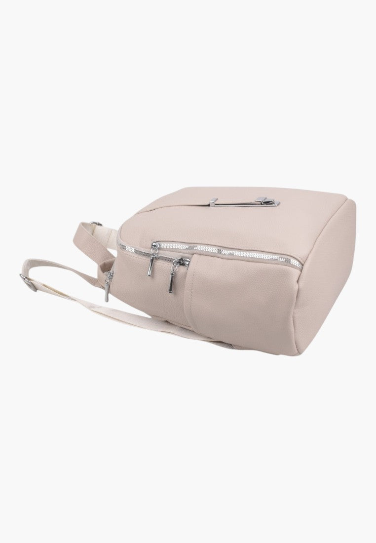 Falio beige faux leather urban backpack with silver zippers and multiple pockets for daily organization
