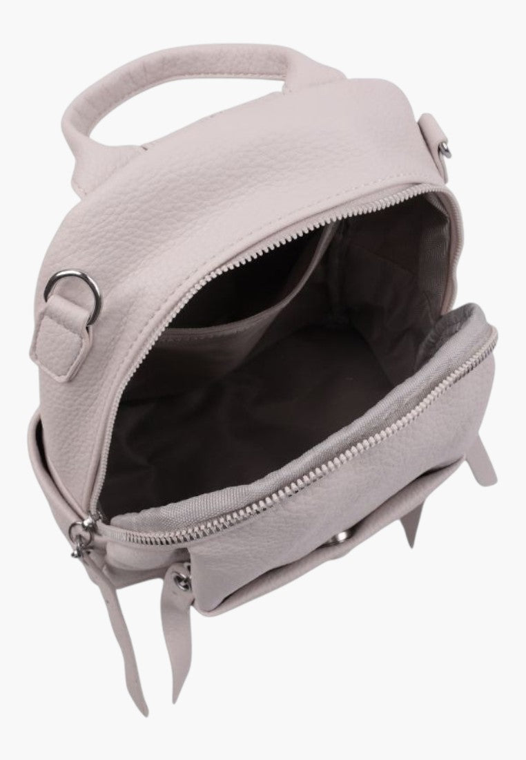 Falio beige faux leather small urban backpack with multiple pockets and a zippered main compartment