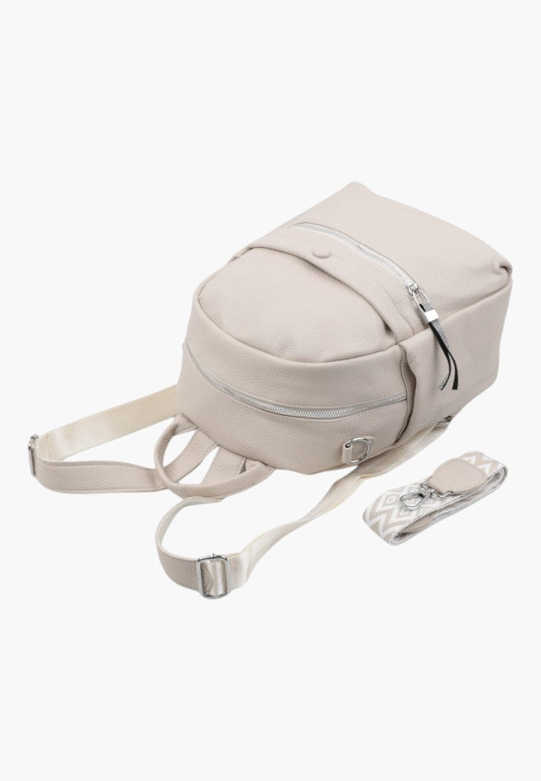 Falio beige faux leather urban backpack with multiple zippered pockets and a detachable patterned shoulder strap