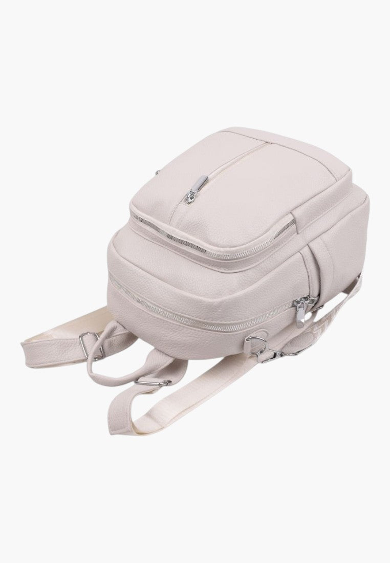 Falio beige faux leather urban backpack with multiple zippered pockets and adjustable straps for daily use