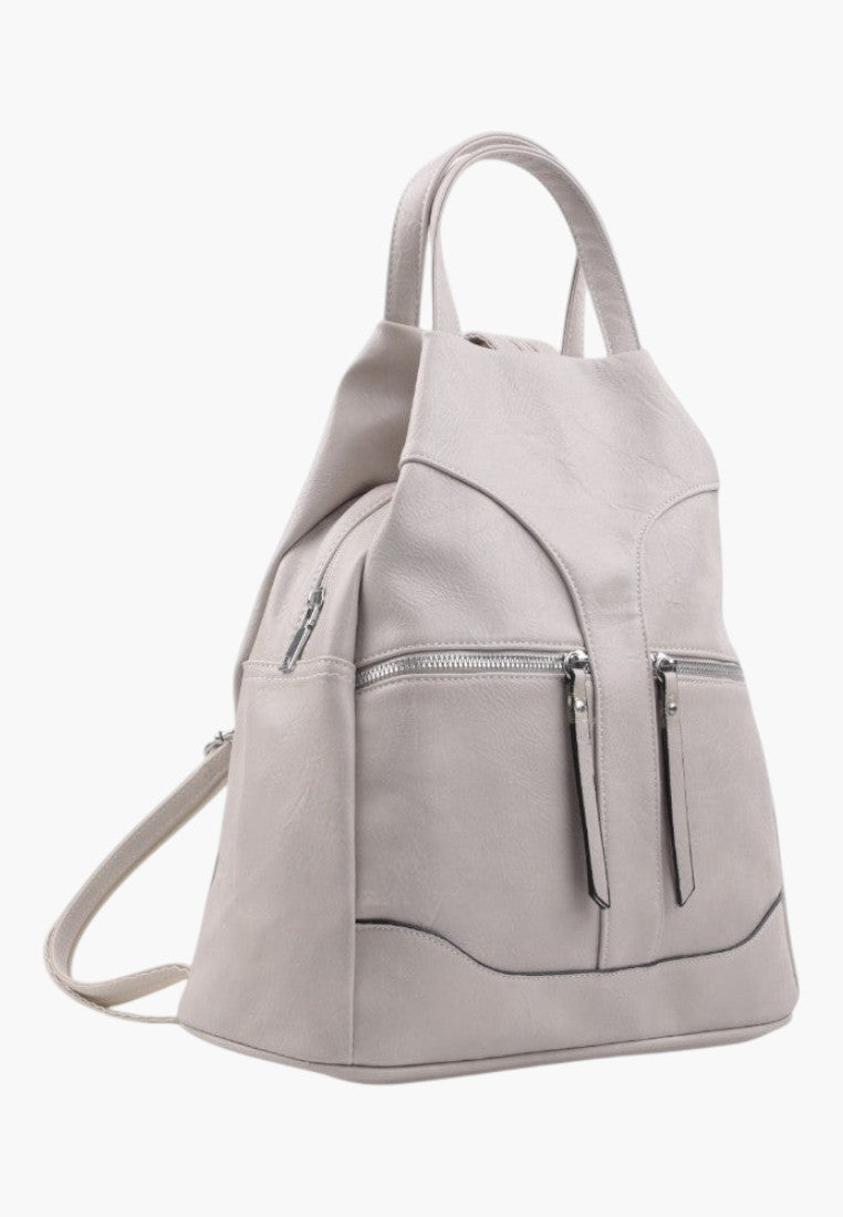 Falio beige faux leather urban backpack with multiple zippered compartments and a sleek, compact design.