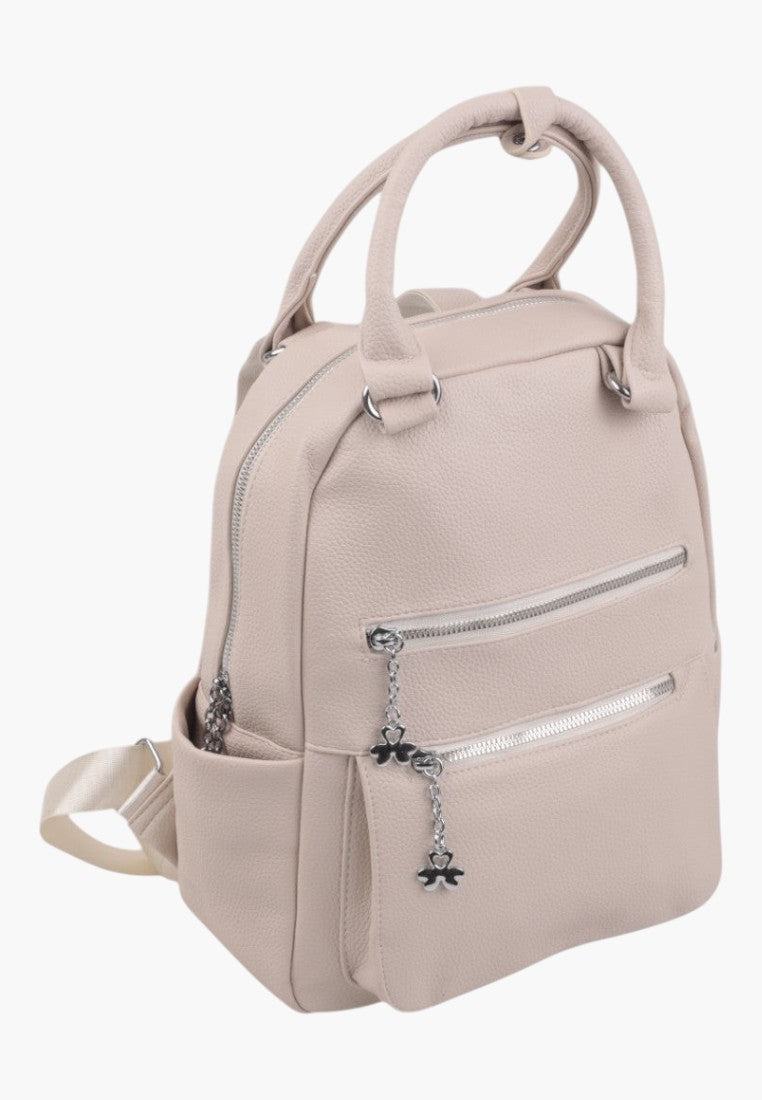 Falio beige faux leather urban backpack with multiple zippered pockets and silver hardware for women